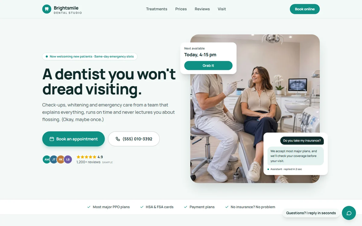 Homepage of the Brightsmile Dental Studio demo website