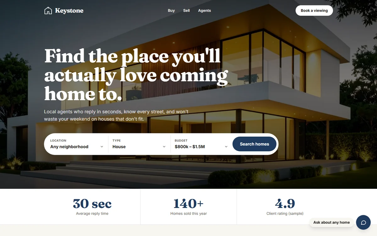 Homepage of the Keystone Realty demo website